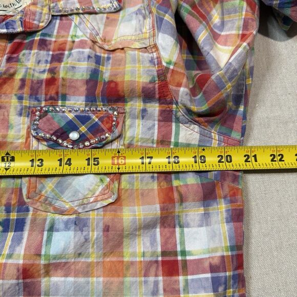 A Rare Bird Pearl Snap Plaid Shirt Dress Sz Small Rhinestone Embellished Button - Picture 6 of 6